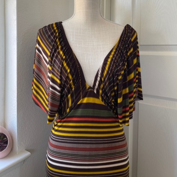 Viva You | Multicolor Brown Striped Midi Dress | 2000s Cape Sleeve V-Neck Size S - Picture 2 of 8